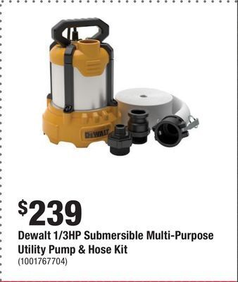 Home Depot Dewalt 1/3hp submersible multi-purpose utility pump & hose kit offer