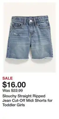 Old Navy Slouchy straight ripped jean cut-off midi shorts for toddler girls offer