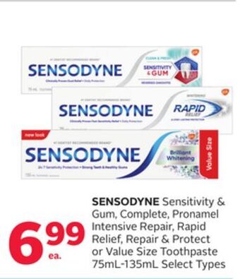 Rexall Sensodyne sensitivity & gum, complete, pronamel intensive repair, rapid relief, repair & protect or value size toothpaste 75m offer