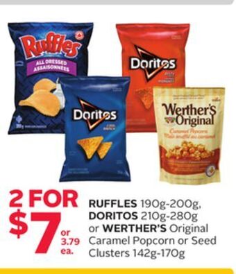Rexall Ruffles 190g-200g, doritos 210g-280g or werther's original caramel popcorn or seed clusters 142g-170g offer