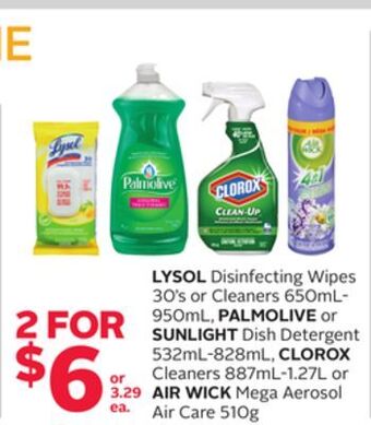Rexall Lysol disinfecting wipes 30' s or cleaners 650ml-950ml, palmolive or sunlight dish detergent 532ml-828ml, clorox cleaners 887 offer