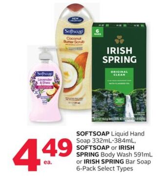 Rexall Softsoap liquid hand soap 332ml-384ml, softsoap or irish spring body wash 591ml or irish spring bar soap 6-pack offer