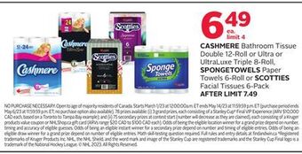 Rexall Cashmere bathroom tissue double 12-roll or ultra or ultraluxe triple 8-roll, spongetowels paper towels 6-roll or scotties fac offer