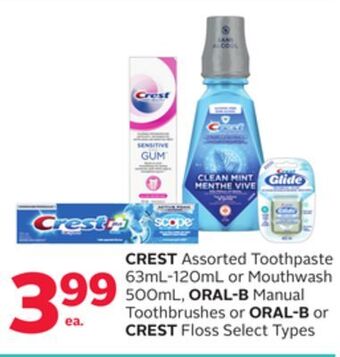 Rexall Crest assorted toothpaste 63ml-120ml or mouthwash 500ml, oral-b manual toothbrushes or oral-b or crest floss offer