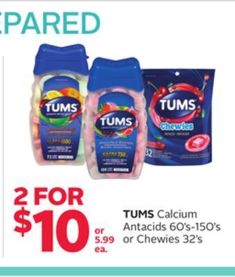 Rexall Tums calcium antacids 60' s-150' s or chewies 32' s offer
