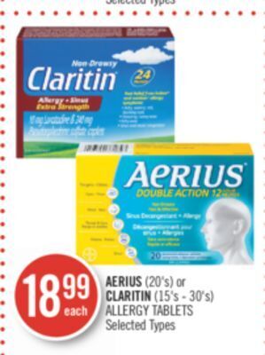 Shoppers Drug Mart Aerius (20's) or claritin (15's - 30's) allergy tablets offer