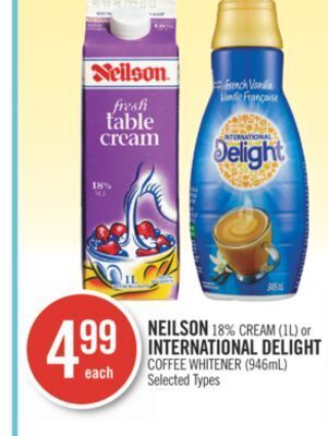 Shoppers Drug Mart Neilson 18% cream (1l) or international delight coffee whitener (946ml) offer