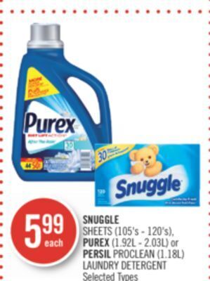 Shoppers Drug Mart Snuggle sheets (105's - 120's), purex (1.92l - 2.03l) or persil proclean (1.18l) laundry detergent offer