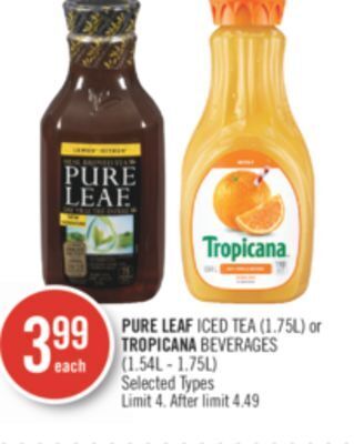 Shoppers Drug Mart Pure leaf iced tea (1.75l) or tropicana beverages (1.54l - 1.75l) offer