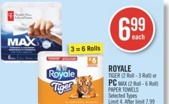 Shoppers Drug Mart Royale tiger (2 roll - 3 roll) or pc max (2 roll - 6 roll) paper towels offer