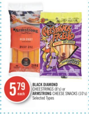 Shoppers Drug Mart Black diamond cheestrings (8's) or armstrong cheese snacks (10's) offer