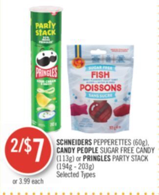 Shoppers Drug Mart Schneiders pepperettes (60g), candy people sugar free candy (113g) or pringles party stack (194g - 203g) offer