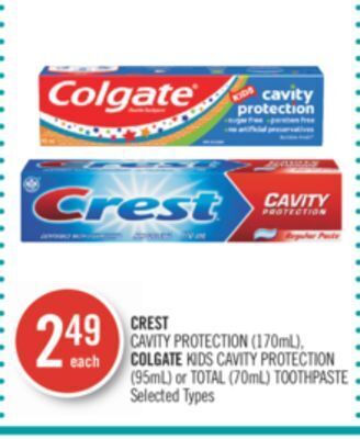 Shoppers Drug Mart Crest cavity protection (170ml), colgate kids cavity protection (95ml) or total (70ml) toothpaste offer