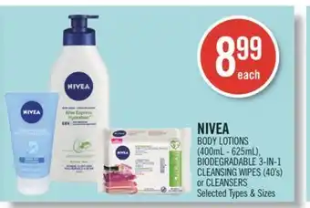 Shoppers Drug Mart Nivea body lotions (400 ml - 625 ml) biodegradable 3-in-1 cleansing wipes (40's) or cleansers offer