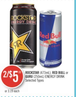 Shoppers Drug Mart Rockstar (473ml), red bull or guru (250ml) energy drink offer
