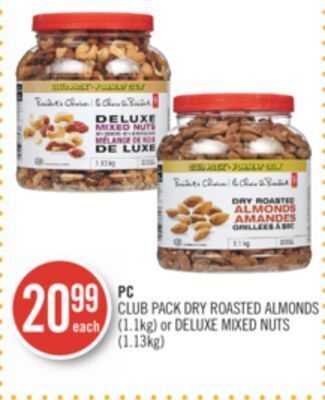 Shoppers Drug Mart Pc club pack dry roasted almonds (1.1kg) or deluxe mixed nuts (1.13kg) offer