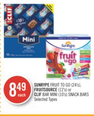 Shoppers Drug Mart Sunrype fruit to go (24's), fruitsource (12's) or clif bar mini (10's) snack bars offer