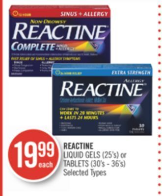 Shoppers Drug Mart Reactine liquid gels (25's) or tablets (30's - 36's) offer