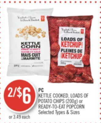 Shoppers Drug Mart Pc kettle cooked, loads of potato chips (200 g) or ready-to-eat popcorn offer