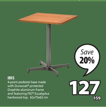 JYSK Ibis 4-point pedestal base made with duracoat® protected graphite aluminum frame and featuring fsc® eucalyptus hardwood top offer