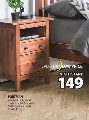 JYSK Portman 2-drawer nightstand made of solid pine with coffee stained finish offer