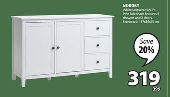 JYSK Nordby white lacquered mdf/ pine sideboard features 3 drawers and 2 doors offer