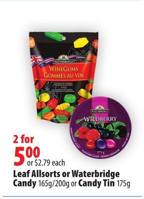 London Drugs Leaf allsorts or waterbridge candy 165g/200g or candy tin 175g offer