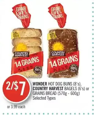 Shoppers Drug Mart Wonder hot dog buns, country harvest bagels or grains bread offer
