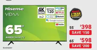 Visions Electronics Hisense 55 4k hdr a60gv smart tv | 65 offer