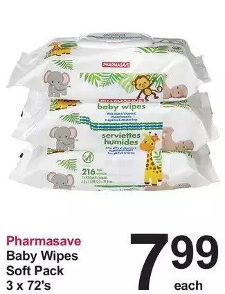 Pharmasave Pharmasave baby wipes soft pack 3 x 72's offer
