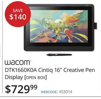 Vistek Wacom dtk1660k0a cintiq 16 creative pen display [open box] offer