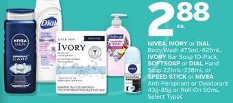 Rexall Nivea, ivory or dial body wash 473ml-621ml, ivory bar soap 10-pack, softsoap or dial hand soap 221ml-338ml or speed stick or offer