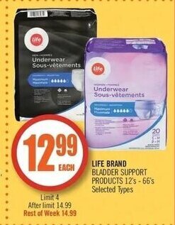 Shoppers Drug Mart Life brand bladder support products 12's-66's offer