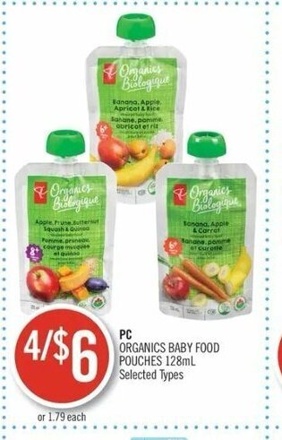 Shoppers Drug Mart PC organics baby food pouches 128ml offer