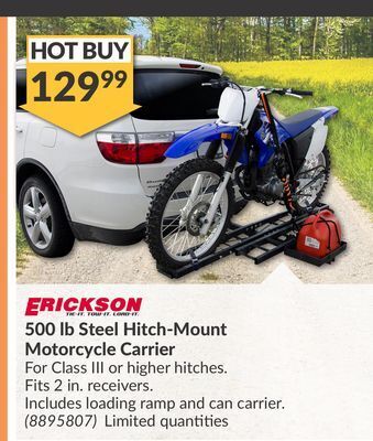 Princess Auto 500 lb steel hitch-mount motorcycle carrier offer