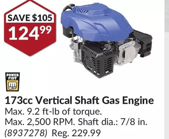 Princess Auto 173cc vertical shaft gas engine offer