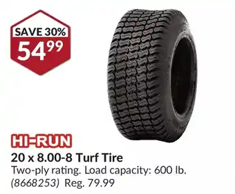 Princess Auto Hi-run 20 x 8.00-8 turf tire offer