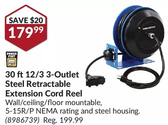 Princess Auto Power fist 30 ft 12/3 3-outlet steel retractable extension cord reel offer