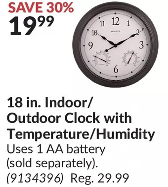 Princess Auto 18 in. indoor/outdoor clock with temperature/humidity offer