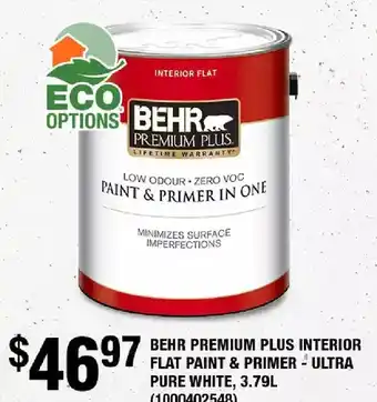 Home Depot Behr premium plus interior flat paint & primer - ultra pure white, 3.79 l offer
