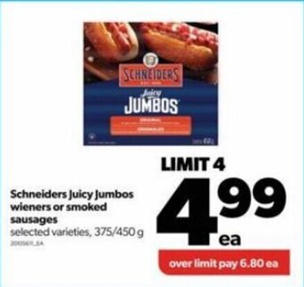 Real Canadian Superstore Schneiders Juicy Jumbos wieners or smoked sausages 375/450g offer