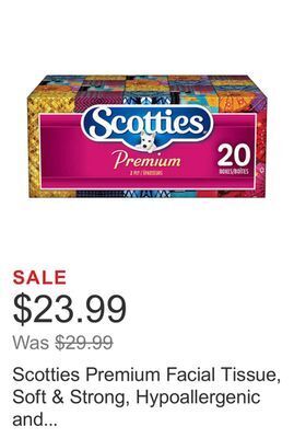 Costco Scotties premium facial tissue, soft & strong, hypoallergenic and dermatologist tested, 20-pack offer