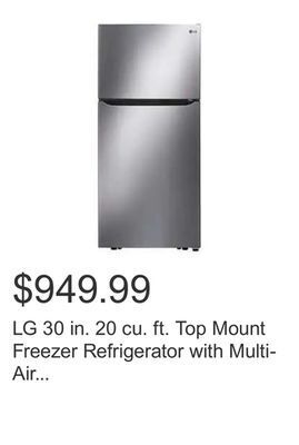 Costco Lg 30 in. 20 cu. ft. top mount freezer refrigerator with multi-air flow cooling offer