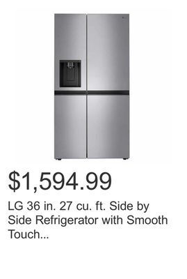 Costco Lg 36 in. 27 cu. ft. side by side refrigerator with smooth touch dispenser and door cooling+ offer