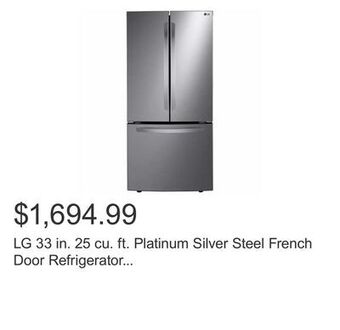 Costco Lg 33 in. 25 cu. ft. platinum silver steel french door refrigerator with smart diagnosis offer