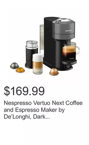 Costco Nespresso vertuo next coffee and espresso maker by de’longhi, dark gray with aeroccino milk frother offer