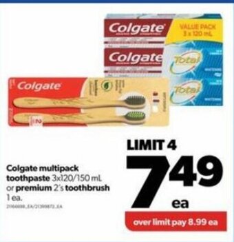 Real Canadian Superstore Colgate Multipack Toothpaste 3x120/150 ml or Premium 2's Toothbrush 1ea. offer