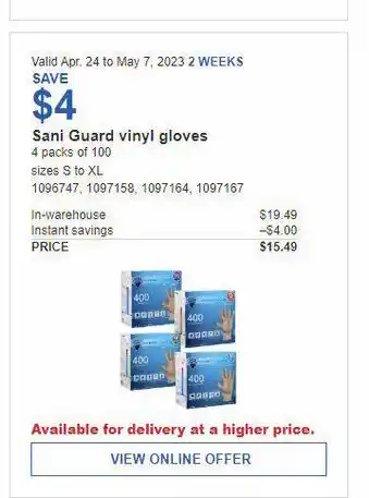 Costco Sani Sani Guard vinyl gloves 4 packs of 100 sizes S to XL offer