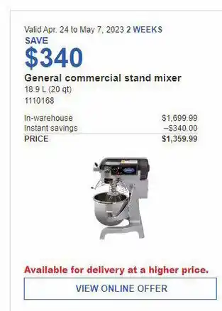 Costco General commercial stand mixer 18.9 L (20 qt) offer