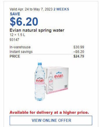 Costco Evian natural spring water 12 x 1.5L offer